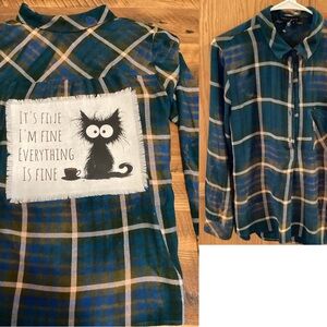 Plaid Button Down Shirt with Cat Print